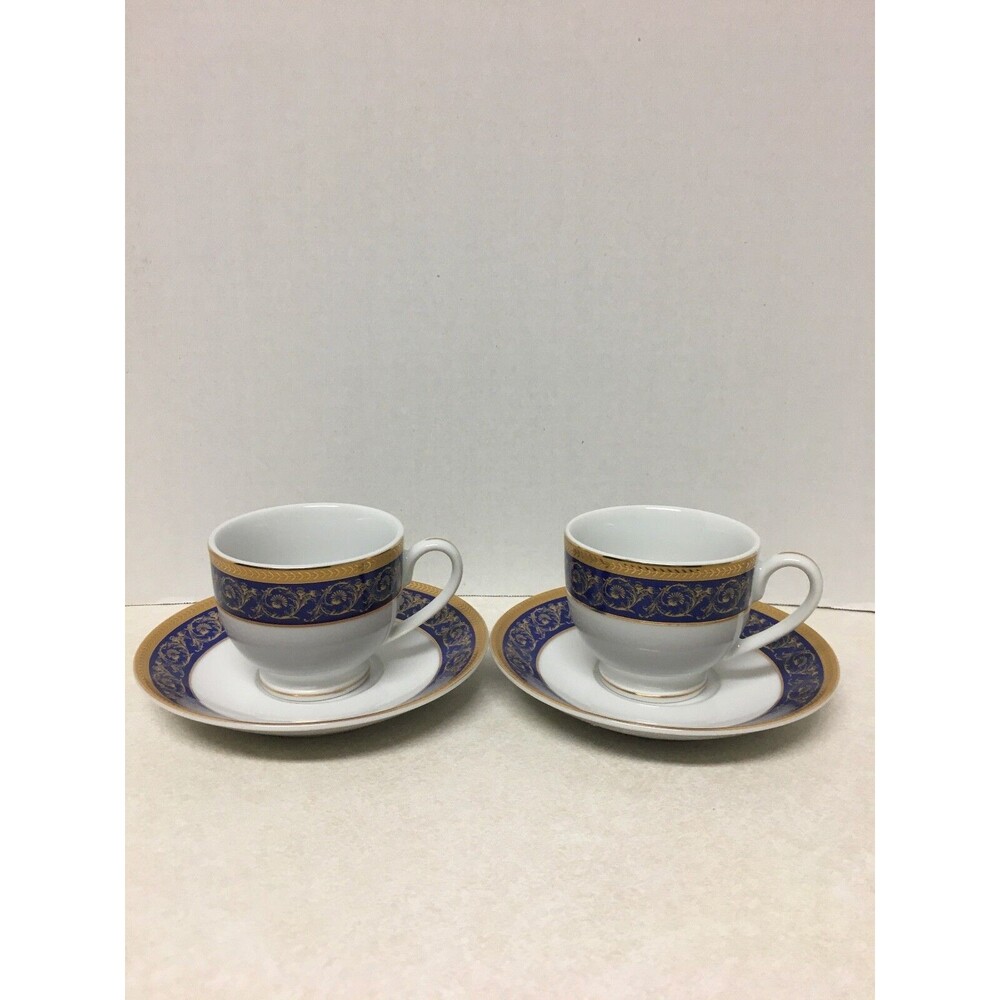 Sorelle Fine Porcelain Cobalt Blue Gold Set of 2 Cups and 2 Saucers Hand Crafted